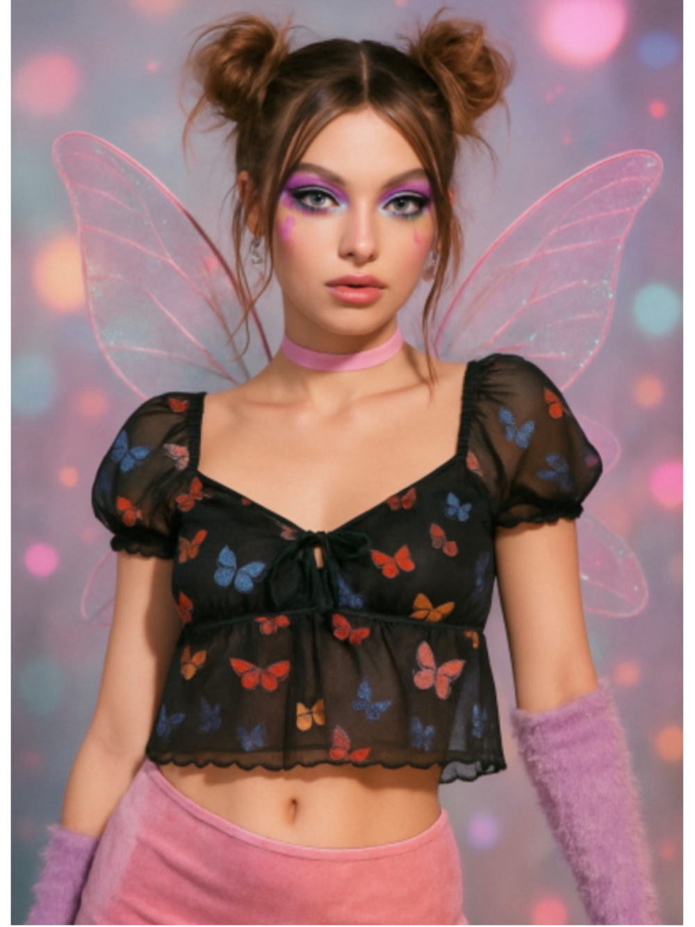 Caution To The Wind Butterfly Print Micro Mesh Crop Top Black Size S Rave Y2K